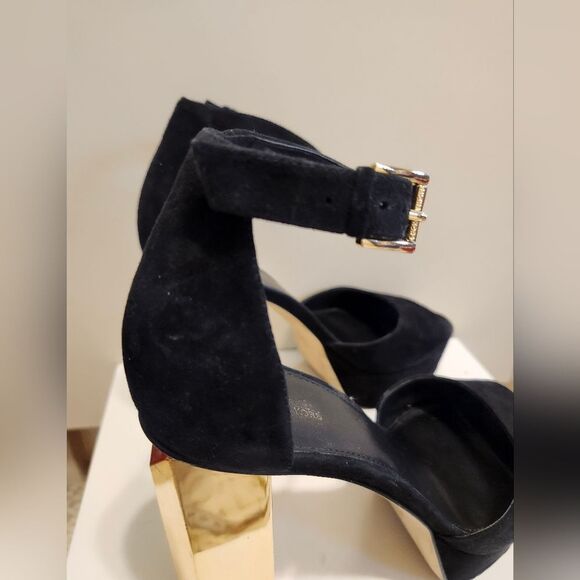 Michael Kors "Petra" Black Suede Gold Metal Heel Platform Sandals Sz.8 Ret.$175 - Picture 7 of 12